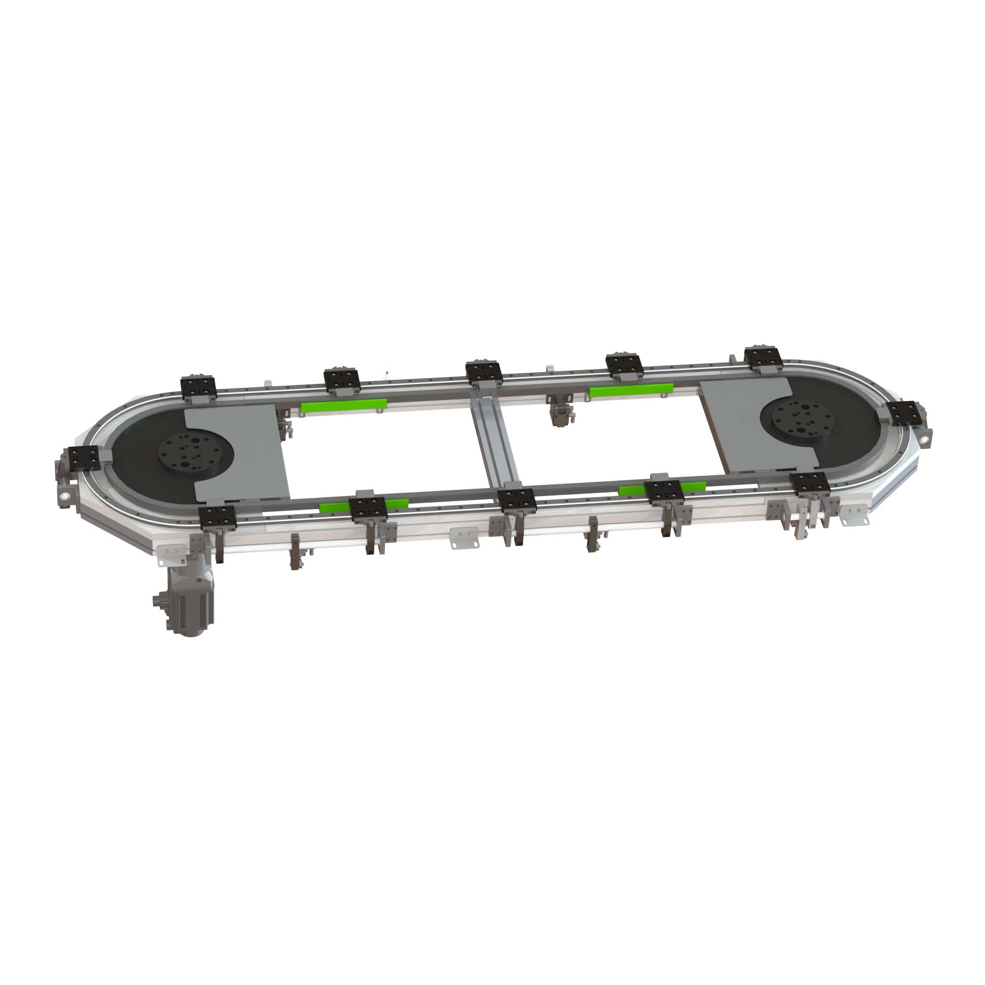 Oval profile chain drive curved guide rail conveyor systems