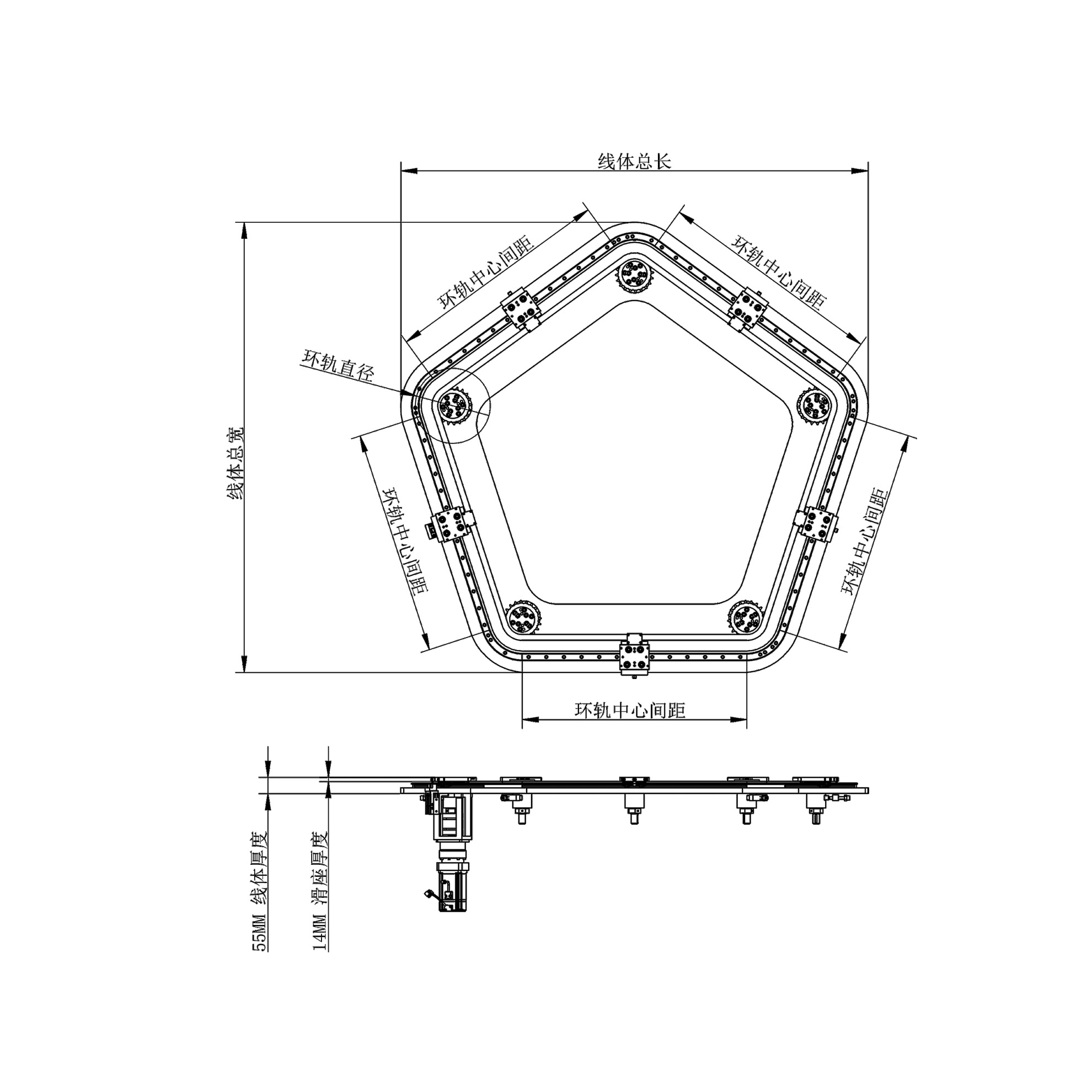 Regular pentagonal annular guide rail conveyor systems