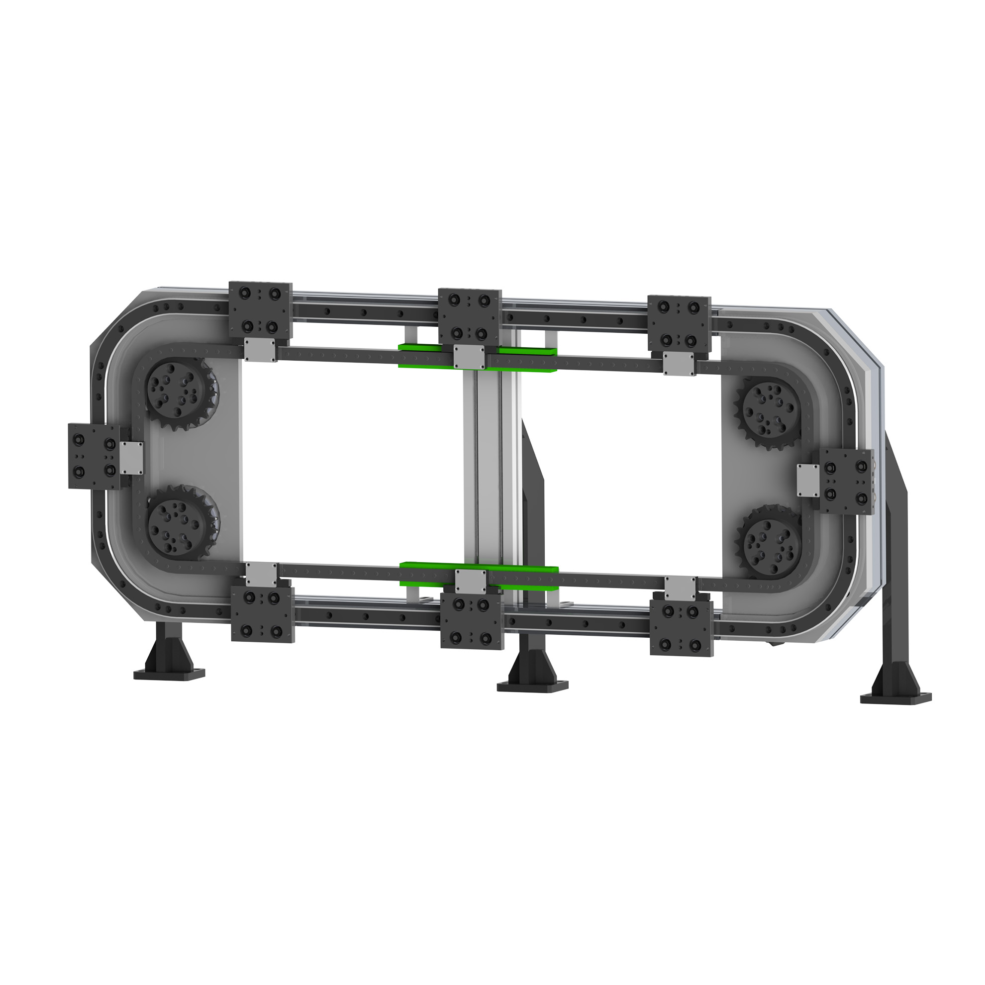 Rectangular vertical guide rail conveyor systems